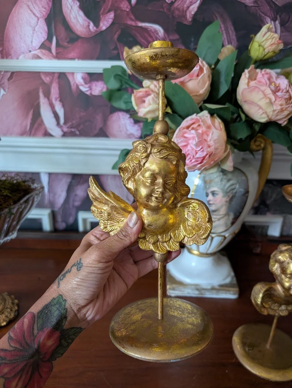 Vintage, set of 2,  Gold gilt metal chalkware cherubs angels candle holders 12